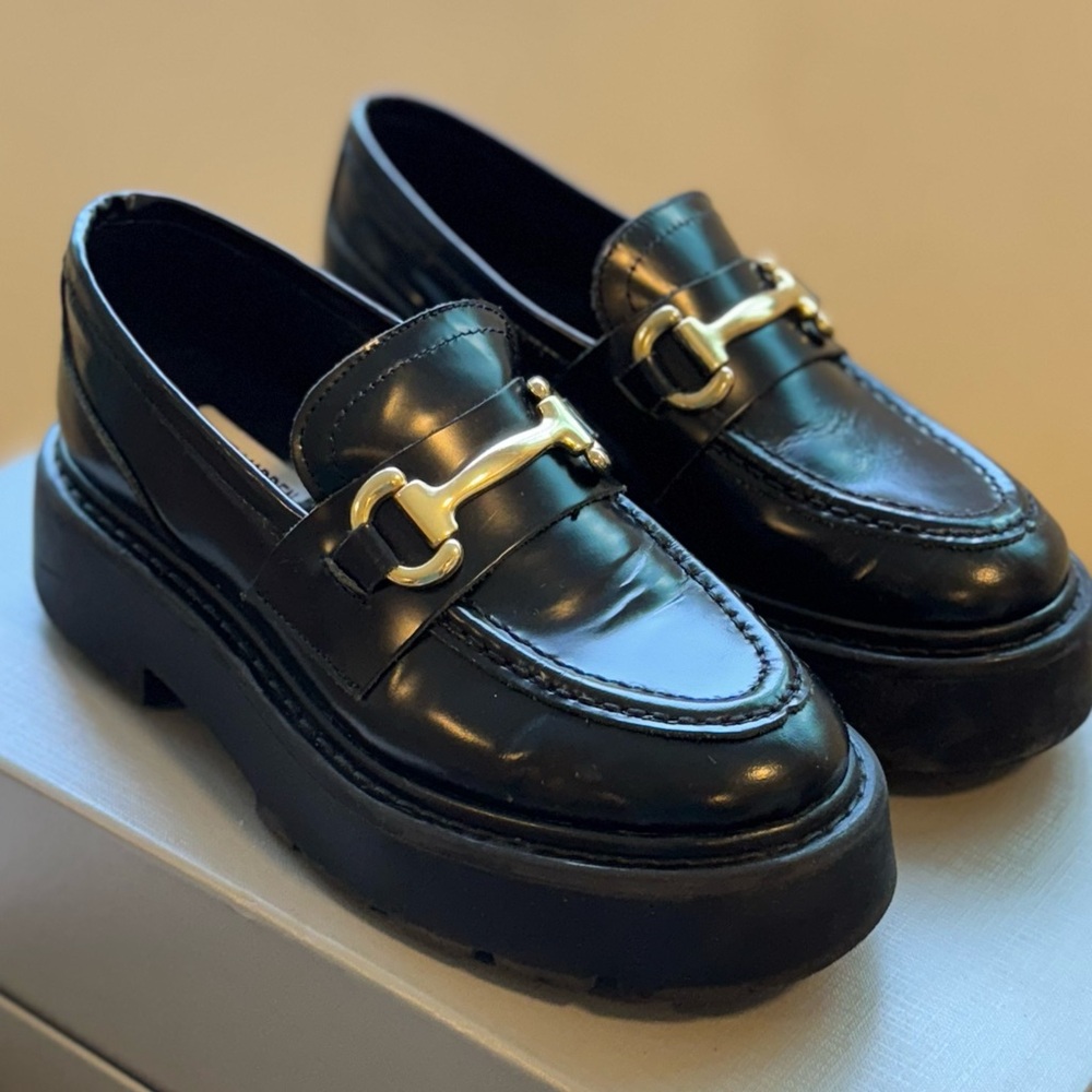 Black Loafers with Gold Buckle